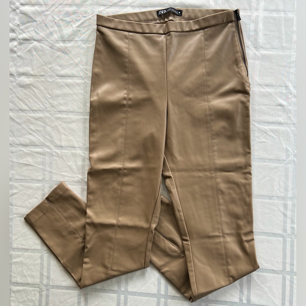 ☎️NWOT Zara High Rise Waist Faux Leather Skinny Legging Khaki Carmel Riding Pant